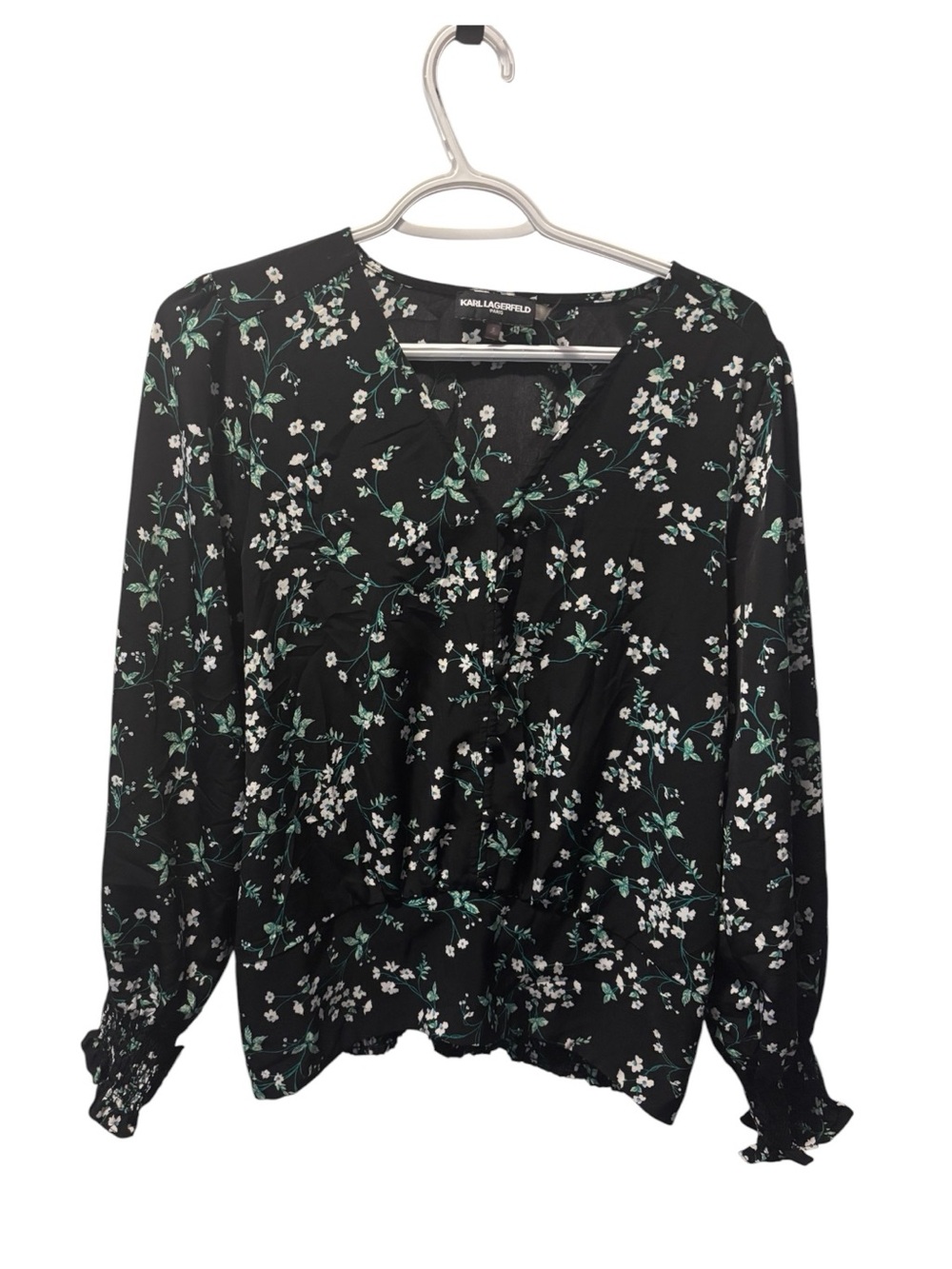 Karl Lagerfeld Black Floral Ruffle V-Neck Floral Blouse size Small